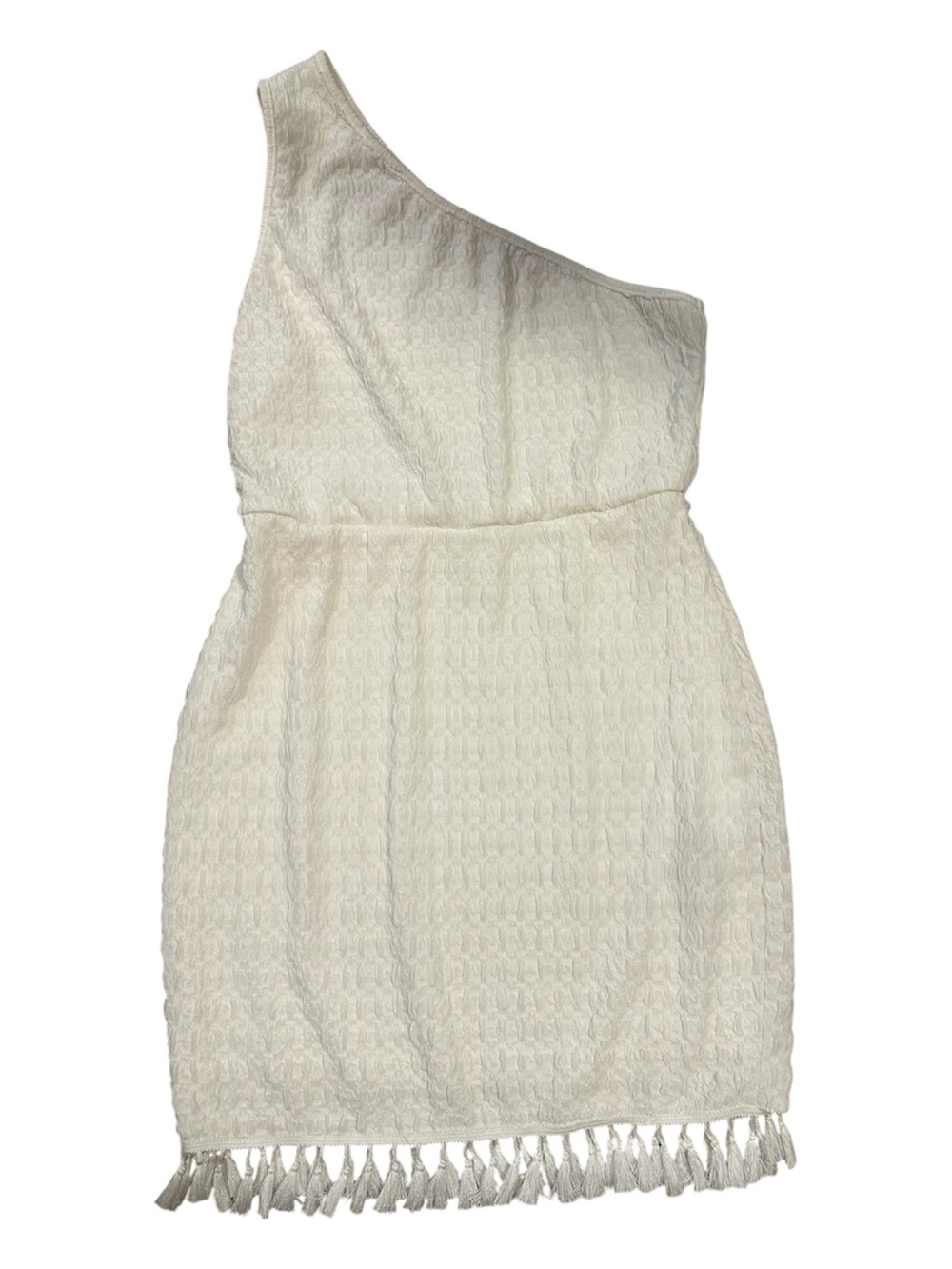 One-Shoulder Ivory Lace Dress with Tassel Hem